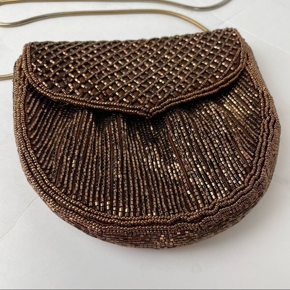 Vintage GENIE Beaded Purse Brown Evening Crossbody Bag HONG KONG HandMade - Picture 2 of 6